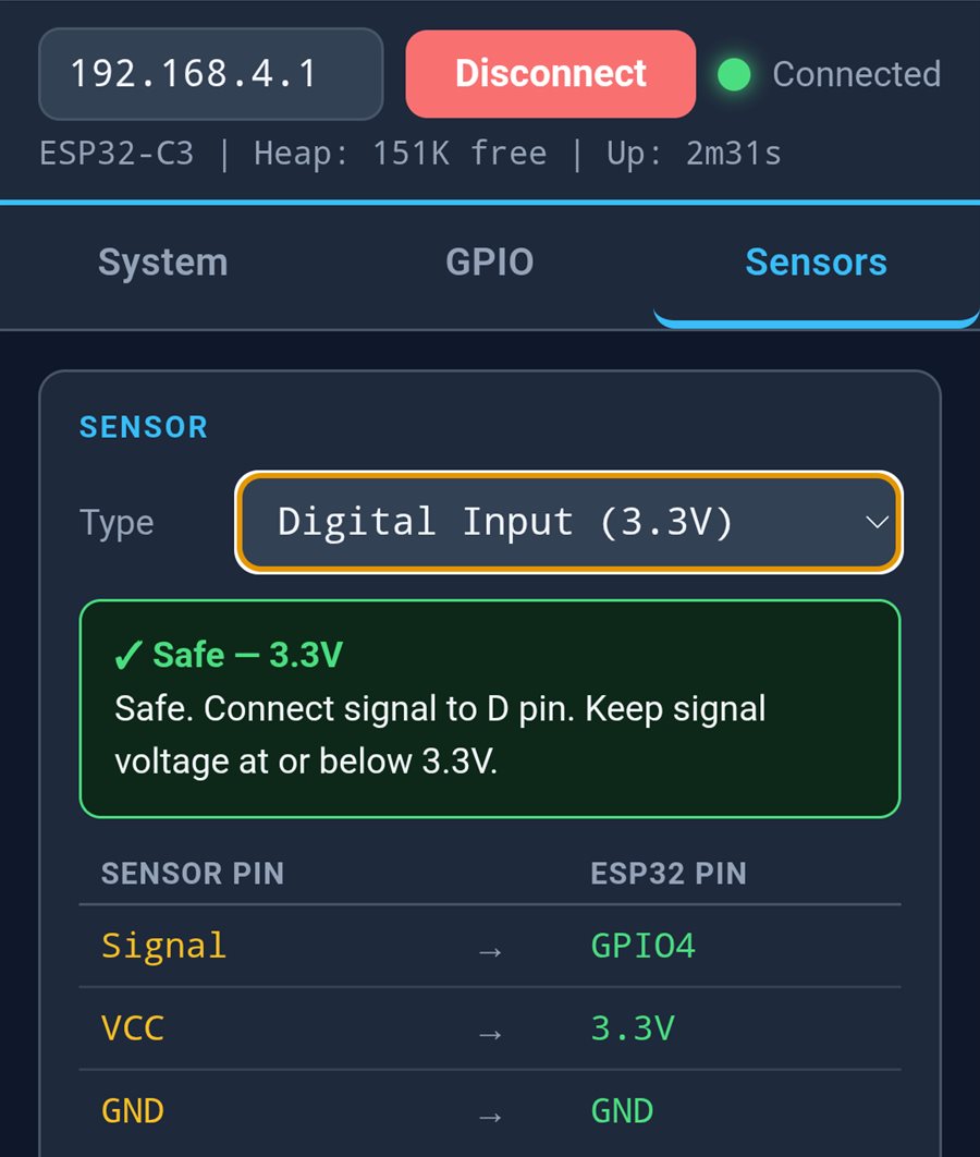 Sensors tab showing the sensor type, a voltage safety check and the wiring table